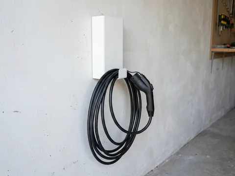 Borne murale compacte installee sur la facade d'un garage