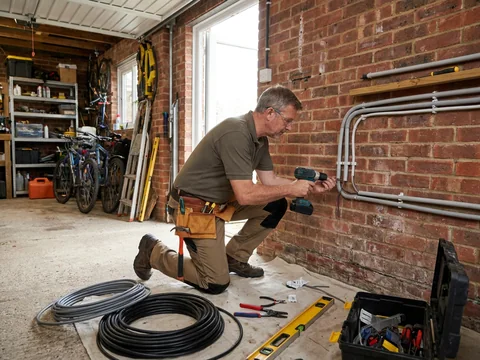 Electricien raccordant une borne electrique au tableau de distribution